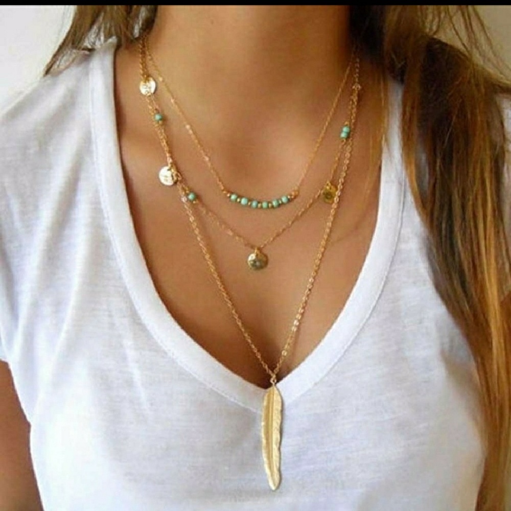 3 Layer Feather Necklace Gold